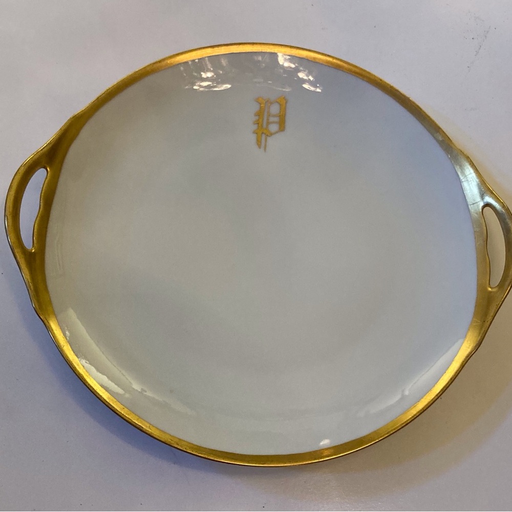 Antique art deco round porcelain serving/dressing table platter gloss white/gold - Picture 2 of 13